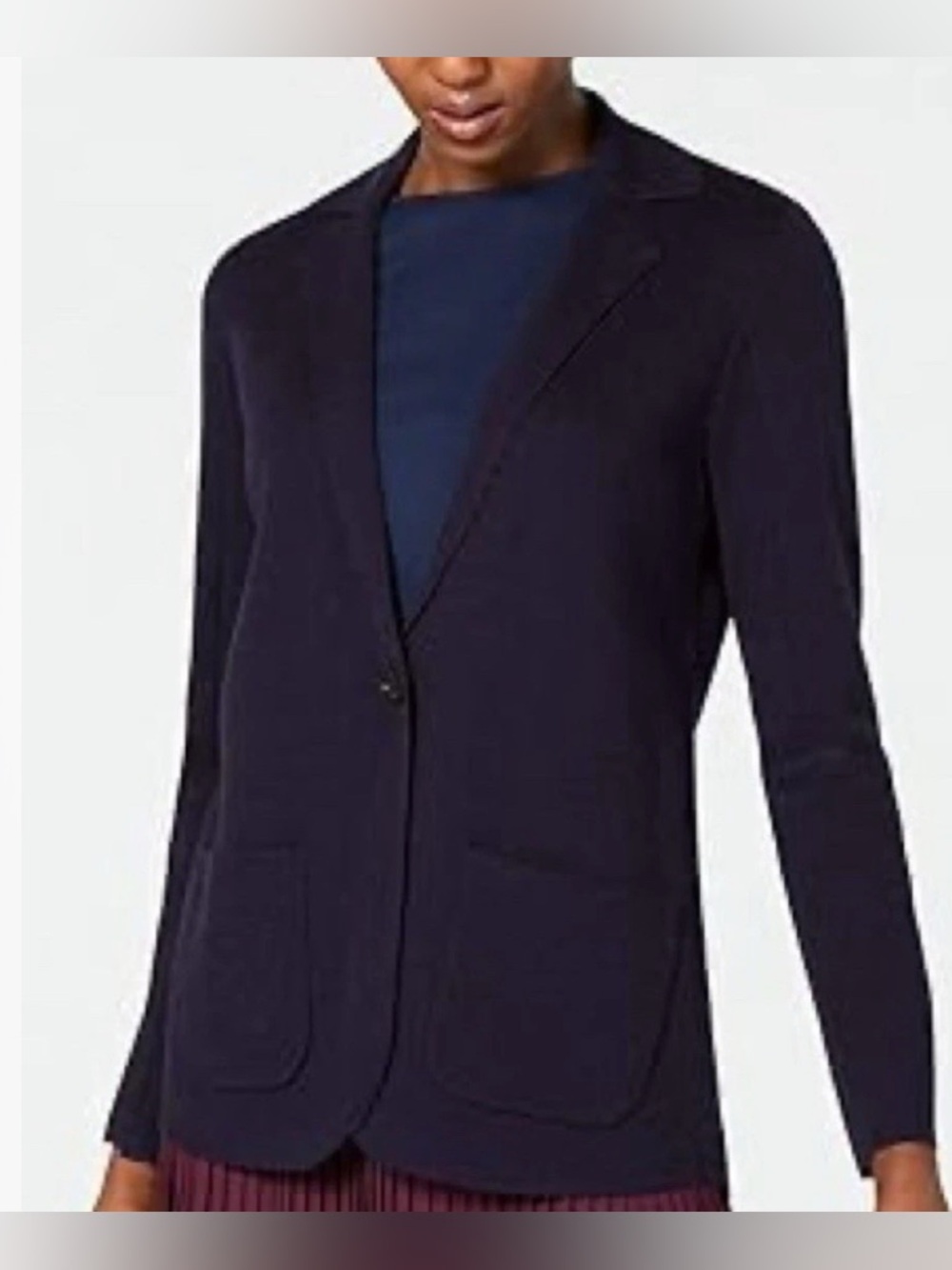 Eileen Fisher Blue Washable Merino Wool Notch Collar Knit Blazer Career Preppy L